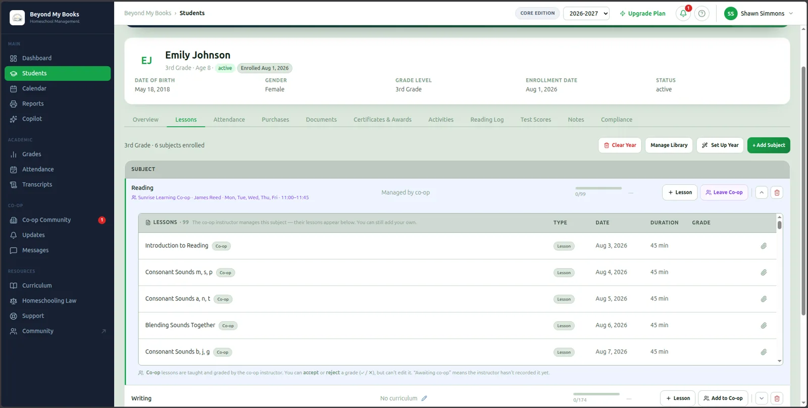 Student Page screenshot